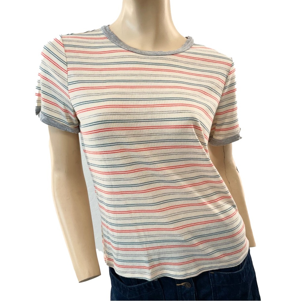 Gaze- Striped Short Sleeve Tee - Gray, Orange, White- M